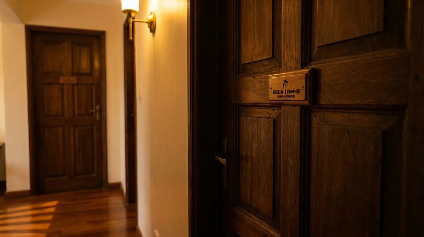 Custom wooden apartment door-number signage by Mahogana