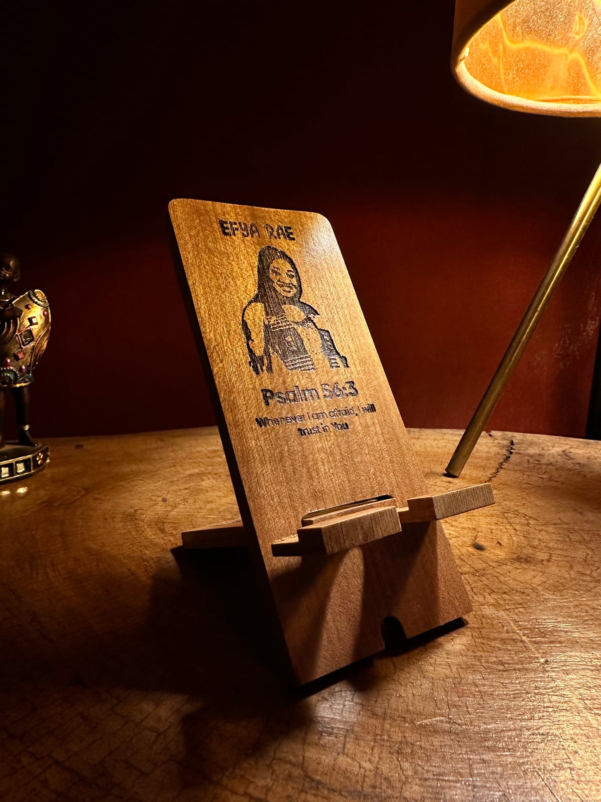 Personalised Phone Stand Efya — handcrafted wood by Mahogana in Accra, Ghana