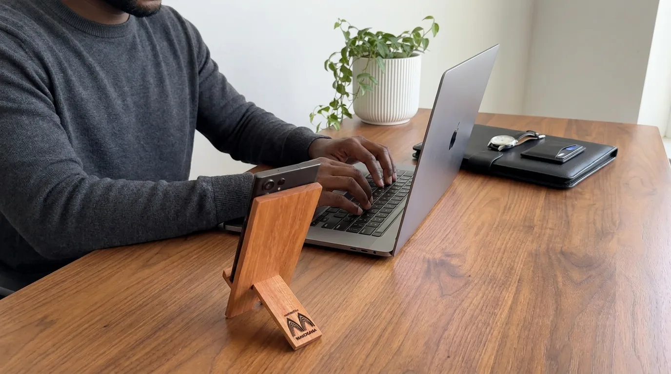 Handcrafted Mahogana wooden phone stand, made in Ghana
