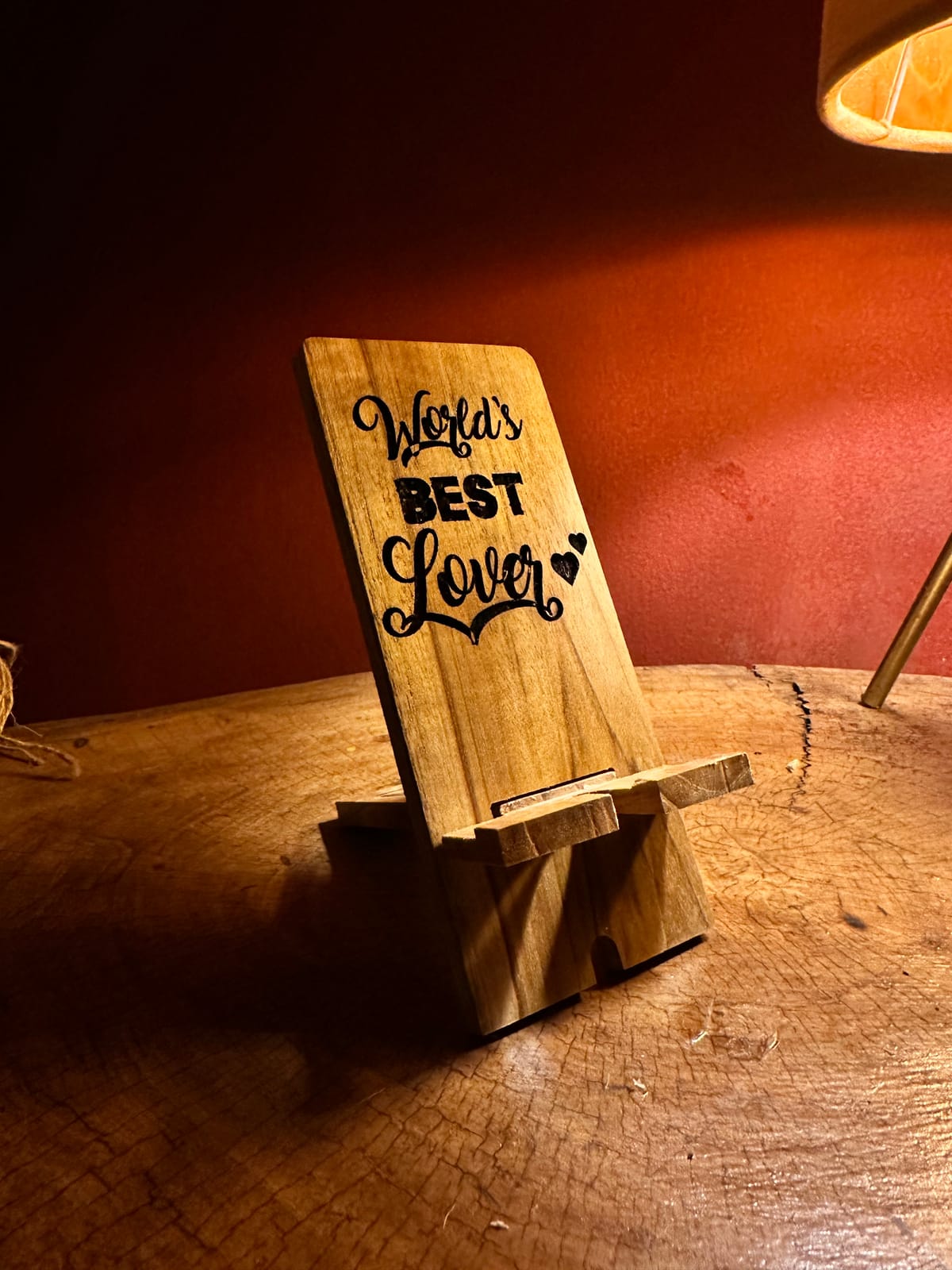 World's Best Lover engraved wooden phone stand
