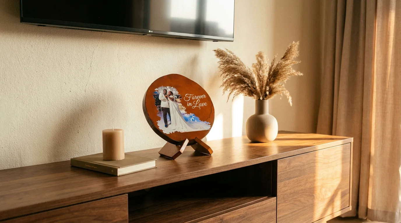 Personalized wood slice with engraved wedding photo by Mahogana